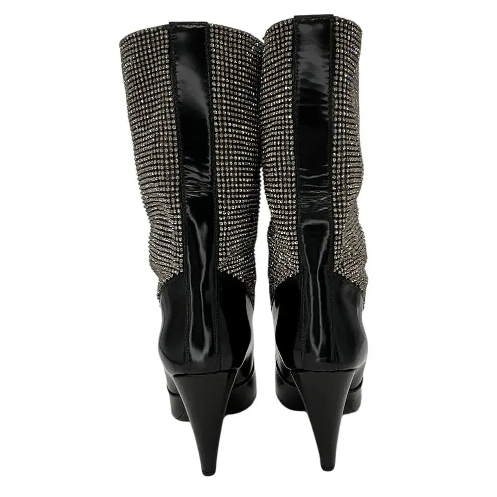 Saint Laurent Jazz Calf Swarovski Crystal Embellished Niki 105 Ankle Boots 39.5